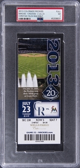 2013 Colorado Rockies/Miami Marlins Full Ticket From Christian Yelichs MLB Debut - PSA NM 7
